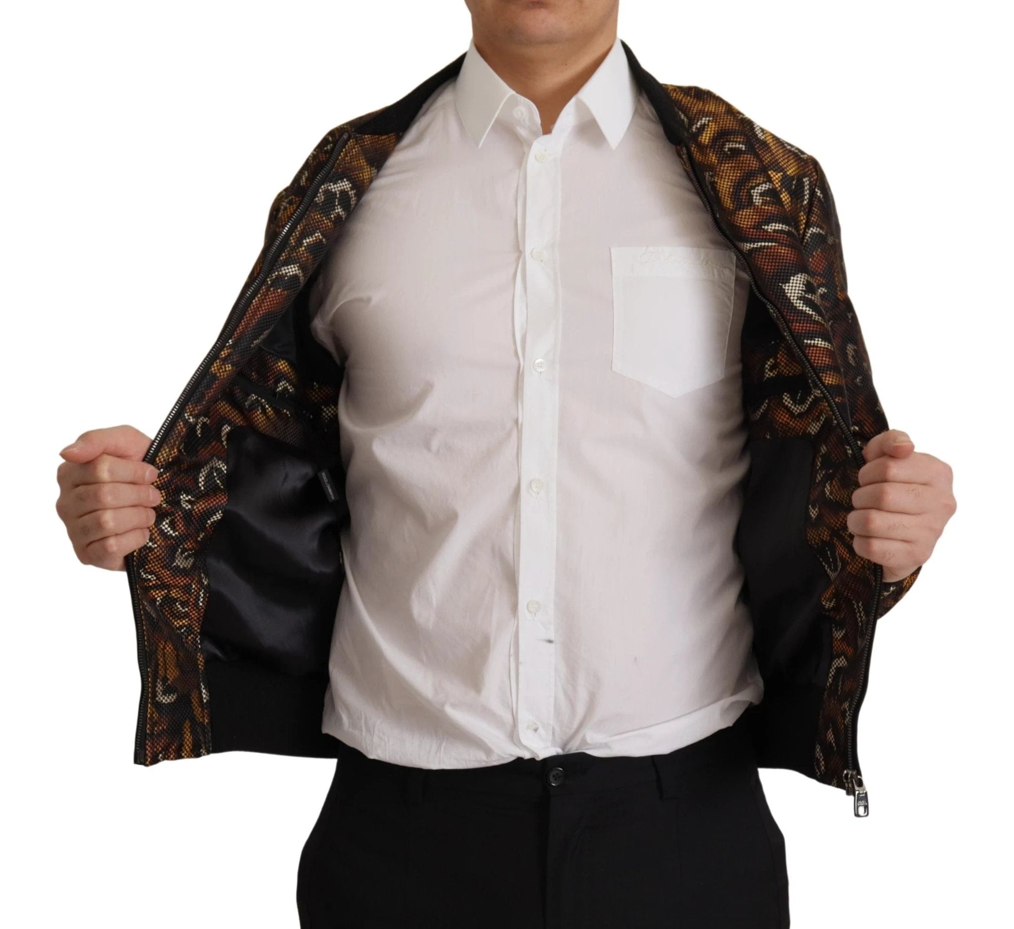 Dolce & Gabbana Brown Feather Full Zip Blouson Jacket by Dolce & Gabbana