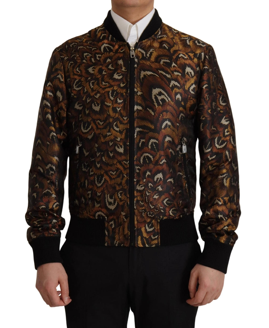 Dolce & Gabbana Brown Feather Full Zip Blouson Jacket by Dolce & Gabbana