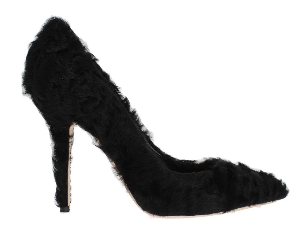 Dolce & Gabbana Black Xiangao Lamb Fur Leather Pumps by Dolce & Gabbana