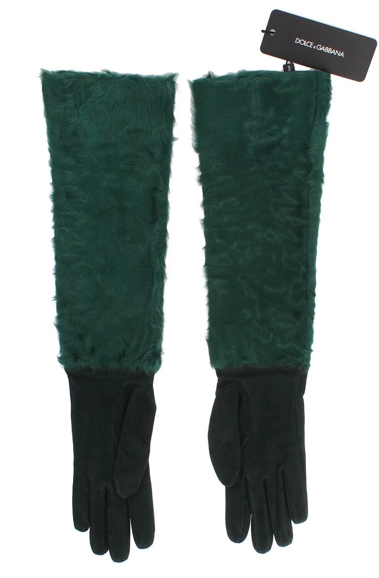 Dolce & Gabbana Green Leather Xiangao Fur Elbow Gloves by Dolce & Gabbana