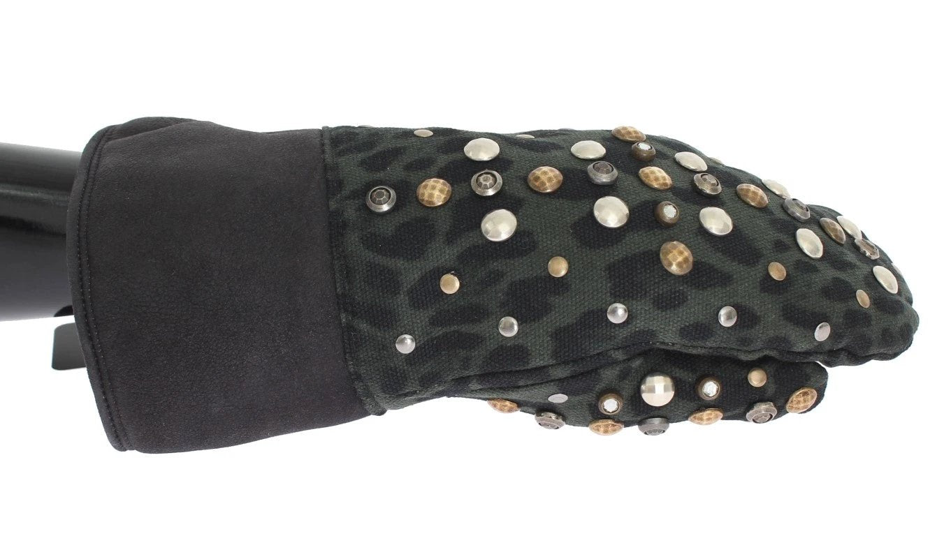 Dolce & Gabbana Gray Wool Shearling Studded Green Leopard Gloves by Dolce & Gabbana
