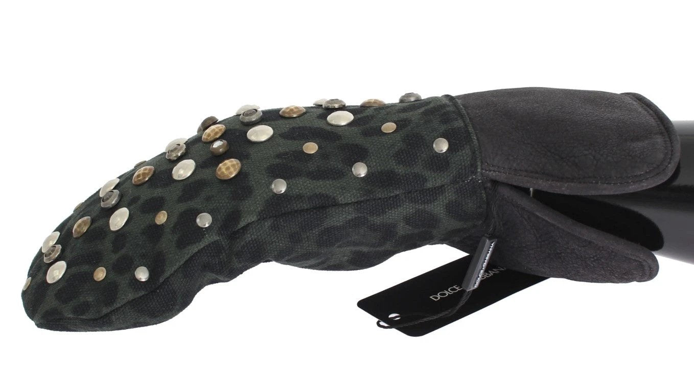 Dolce & Gabbana Gray Wool Shearling Studded Green Leopard Gloves by Dolce & Gabbana