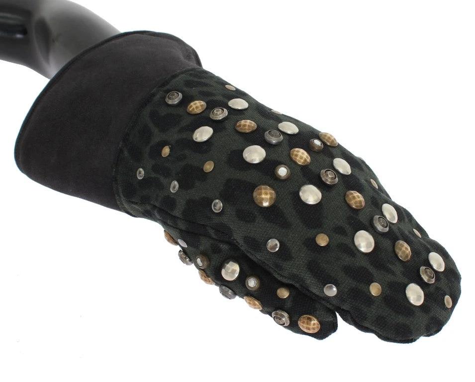 Dolce & Gabbana Gray Wool Shearling Studded Green Leopard Gloves by Dolce & Gabbana