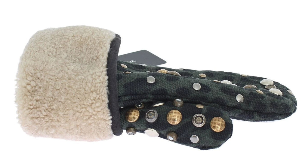 Dolce & Gabbana Gray Wool Shearling Studded Green Leopard Gloves by Dolce & Gabbana