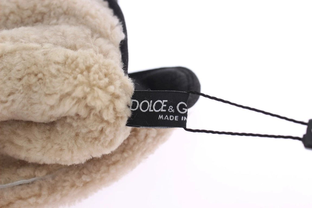 Dolce & Gabbana Gray Wool Shearling Studded Green Leopard Gloves by Dolce & Gabbana