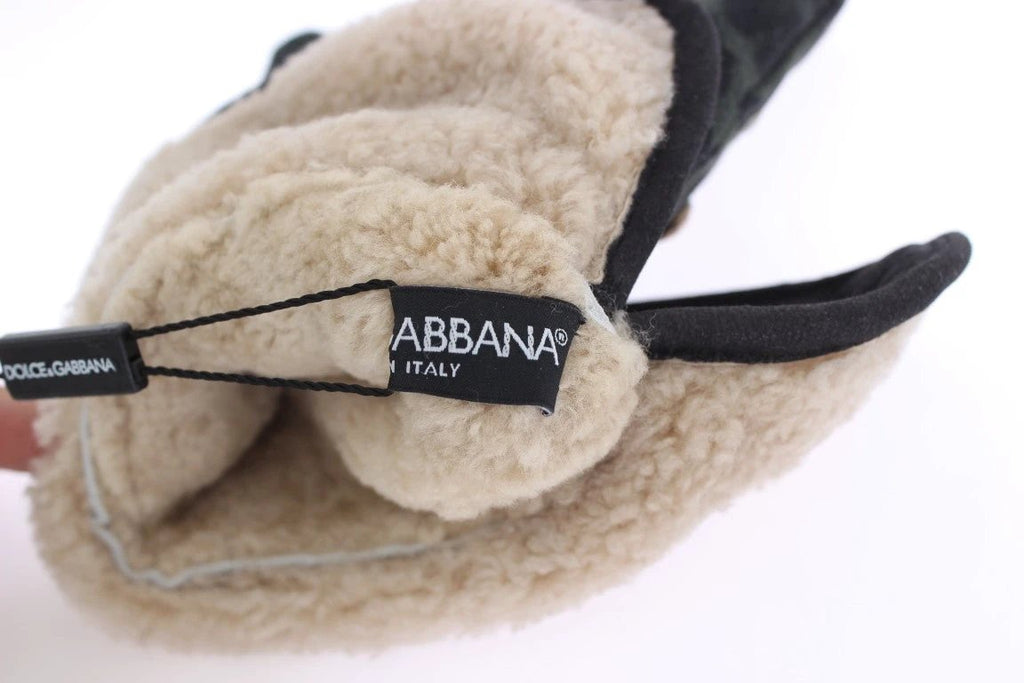 Dolce & Gabbana Gray Wool Shearling Studded Green Leopard Gloves by Dolce & Gabbana