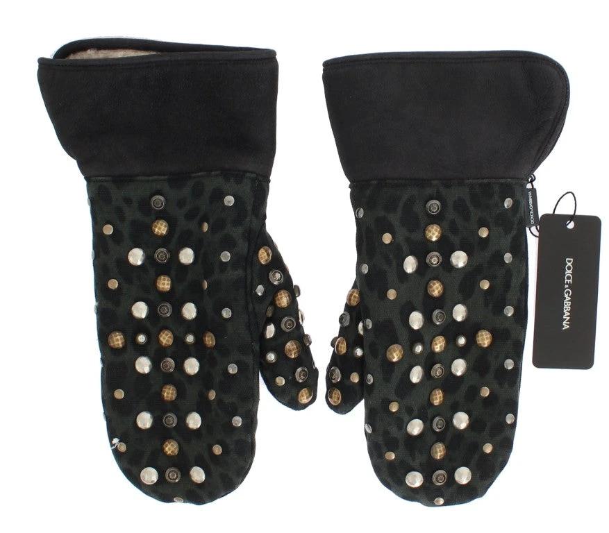 Dolce & Gabbana Gray Wool Shearling Studded Green Leopard Gloves by Dolce & Gabbana