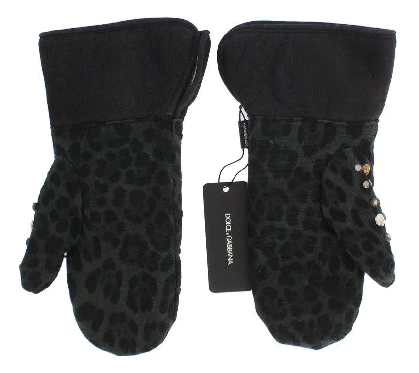 Dolce & Gabbana Gray Wool Shearling Studded Green Leopard Gloves by Dolce & Gabbana