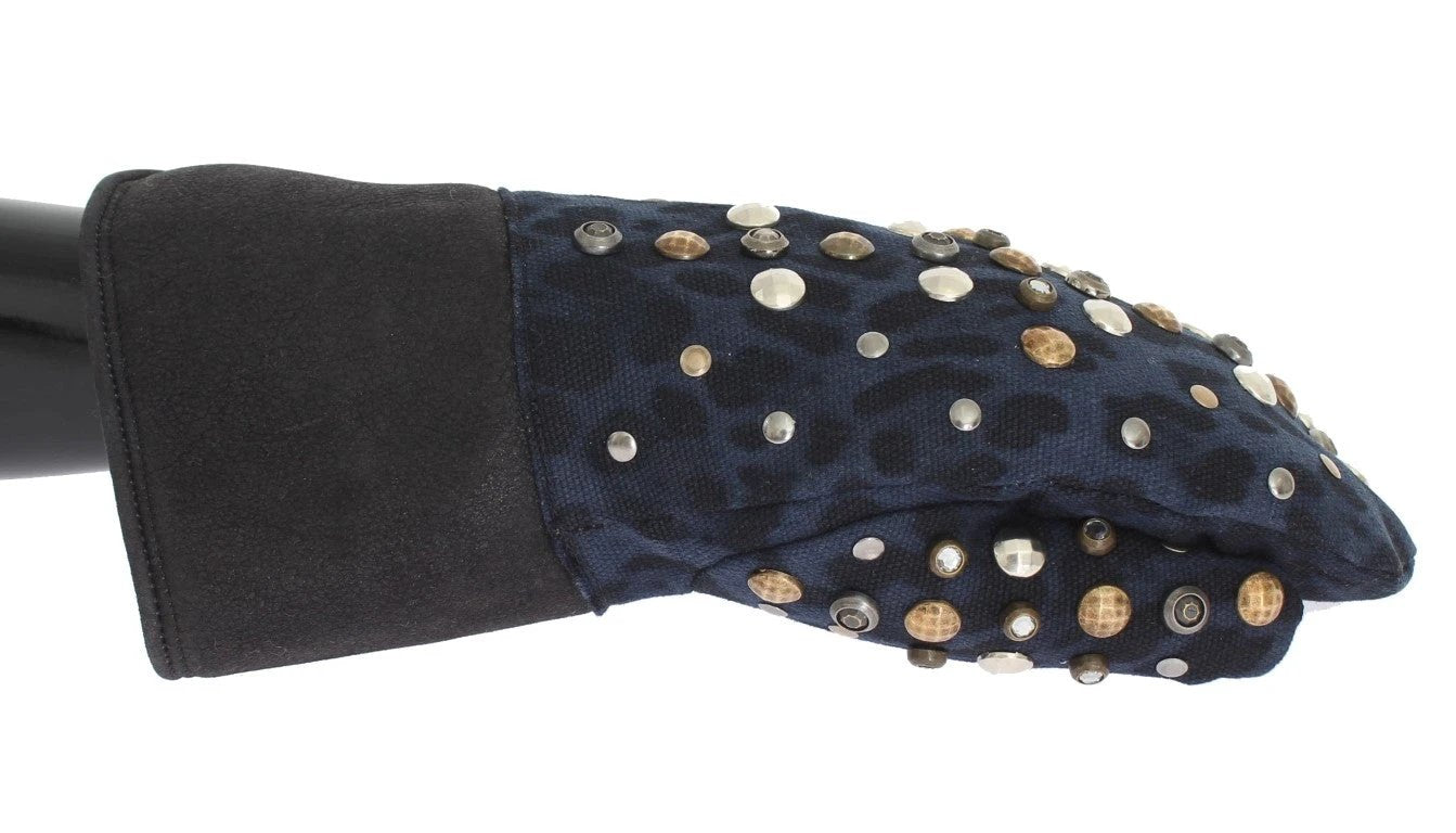 Dolce & Gabbana Gray Wool Shearling Studded Blue Leopard Gloves by Dolce & Gabbana