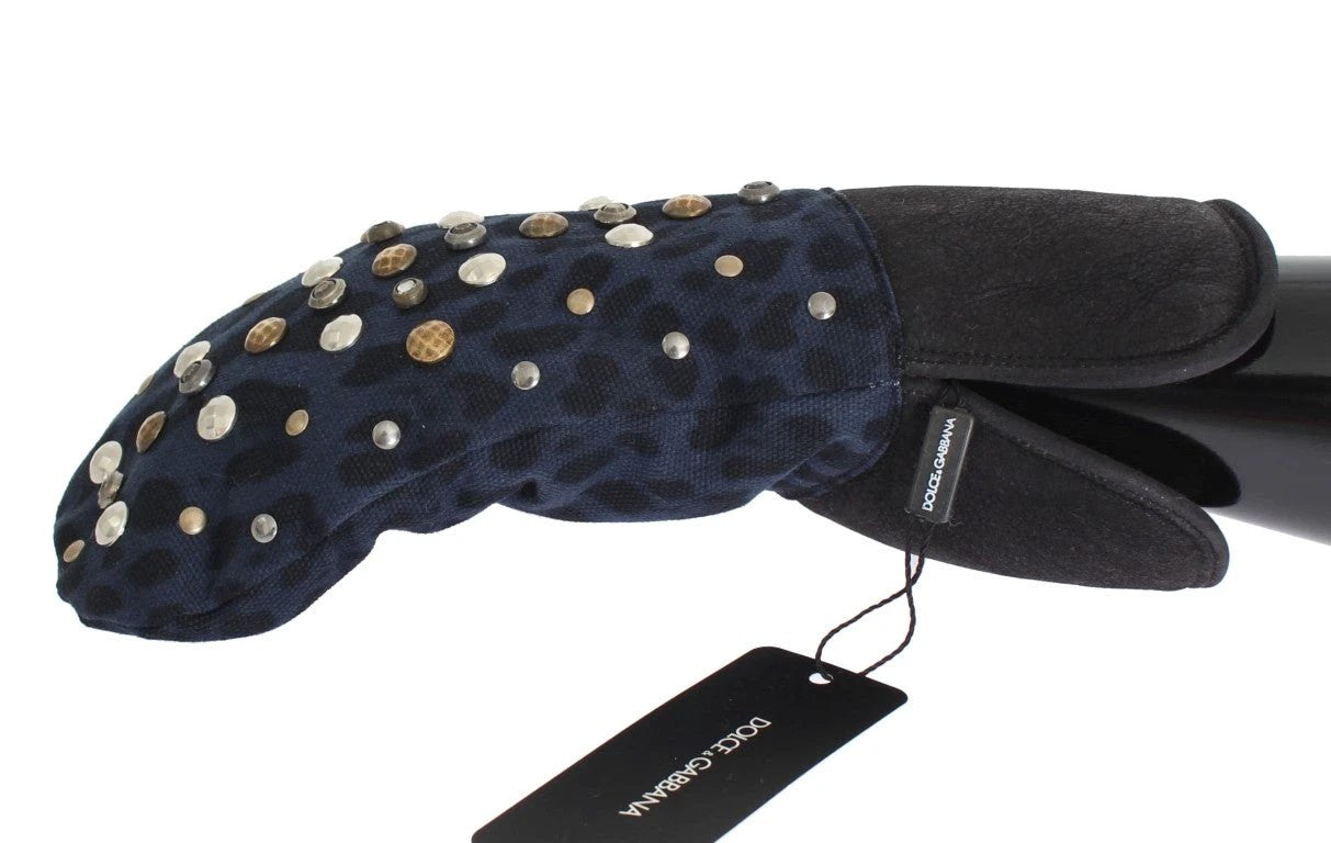Dolce & Gabbana Gray Wool Shearling Studded Blue Leopard Gloves by Dolce & Gabbana