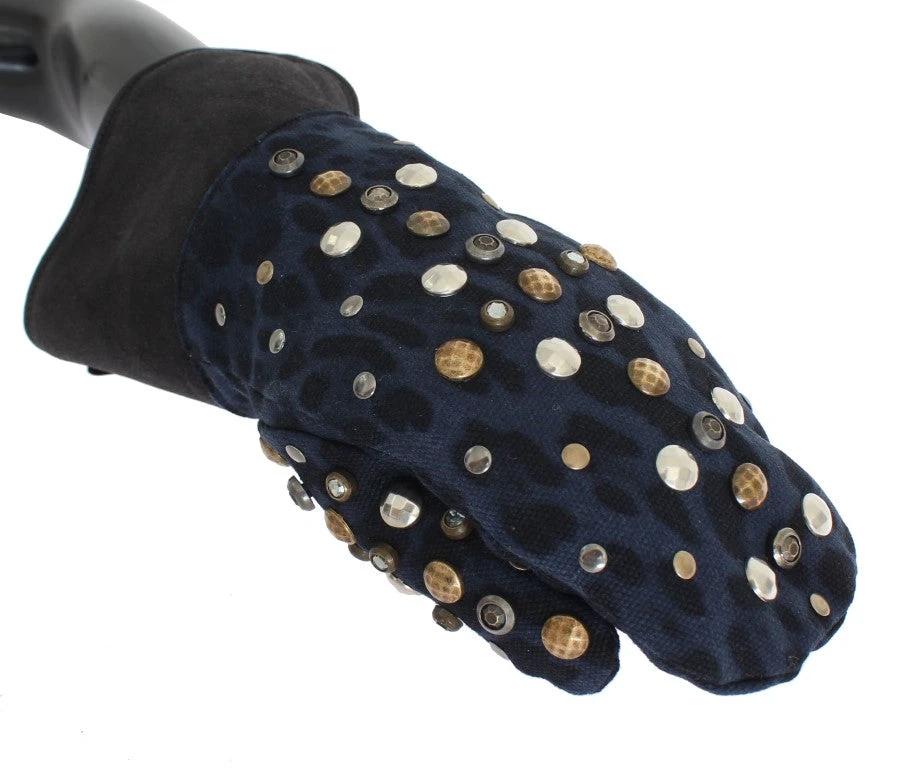 Dolce & Gabbana Gray Wool Shearling Studded Blue Leopard Gloves by Dolce & Gabbana