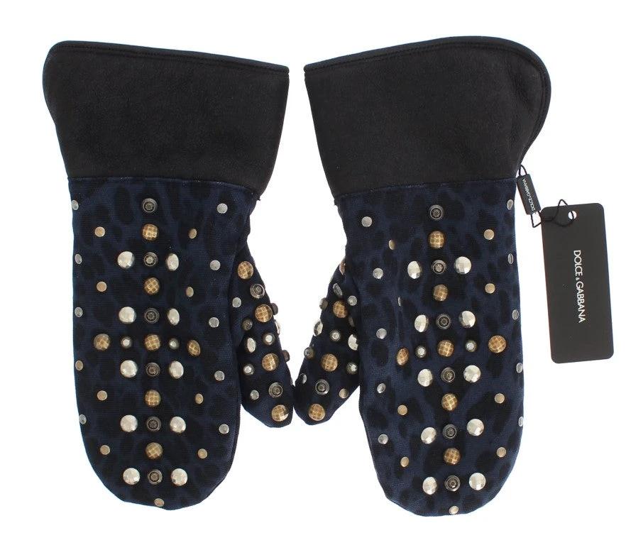 Dolce & Gabbana Gray Wool Shearling Studded Blue Leopard Gloves by Dolce & Gabbana