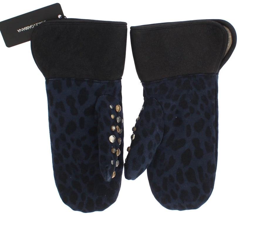 Dolce & Gabbana Gray Wool Shearling Studded Blue Leopard Gloves by Dolce & Gabbana