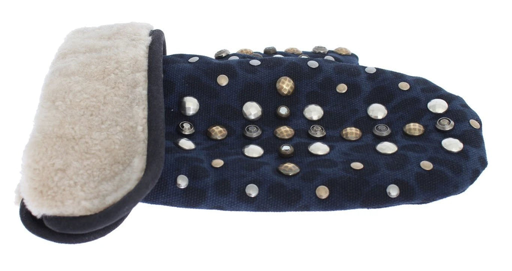 Dolce & Gabbana Gray Wool Shearling Studded Blue Leopard Gloves by Dolce & Gabbana