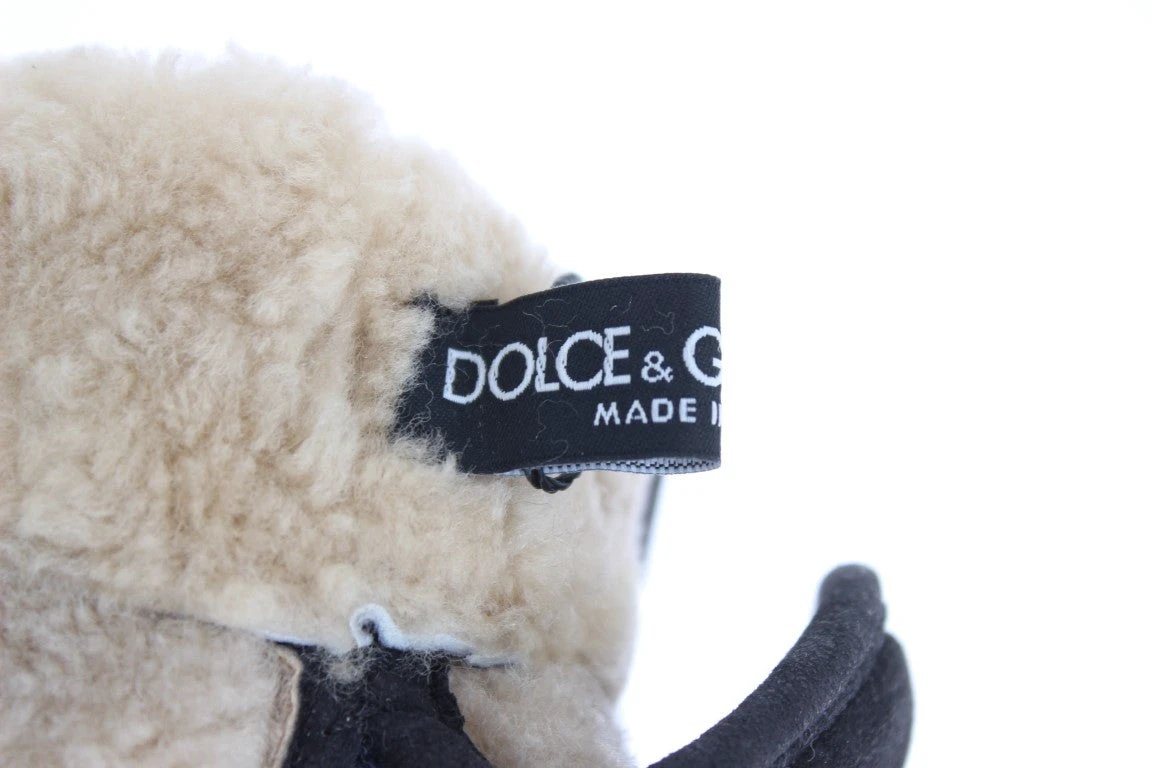 Dolce & Gabbana Gray Wool Shearling Studded Blue Leopard Gloves by Dolce & Gabbana