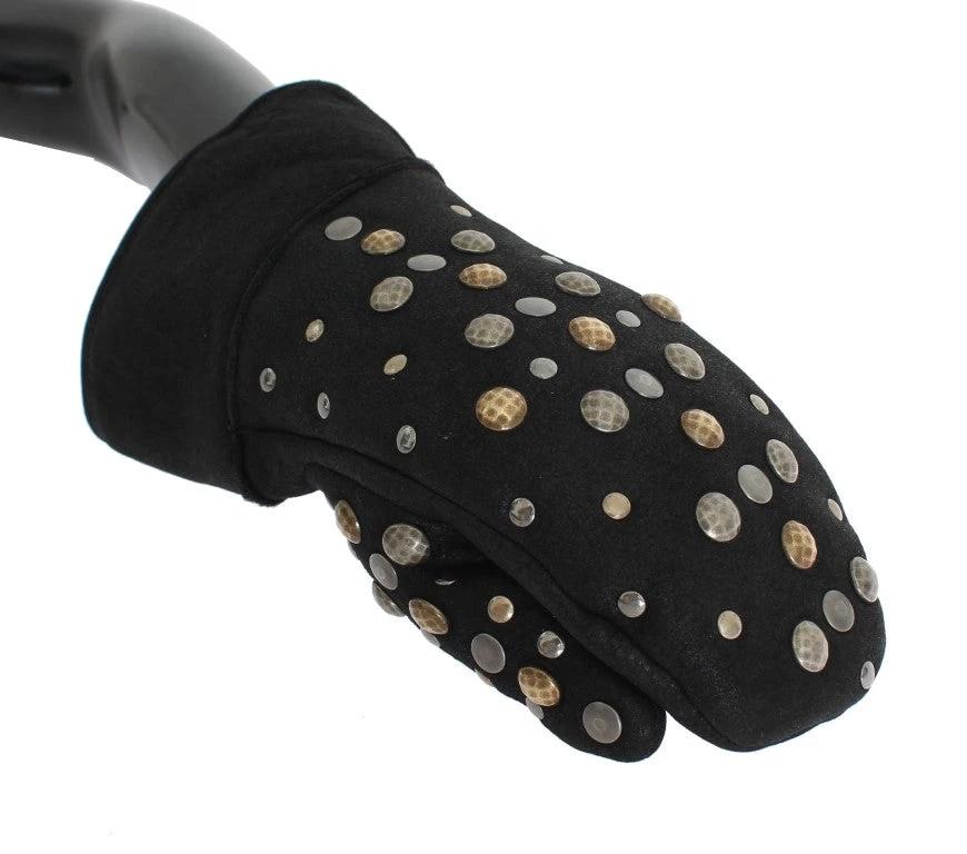 Dolce & Gabbana Gray Wool Shearling Studded Gloves by Dolce & Gabbana