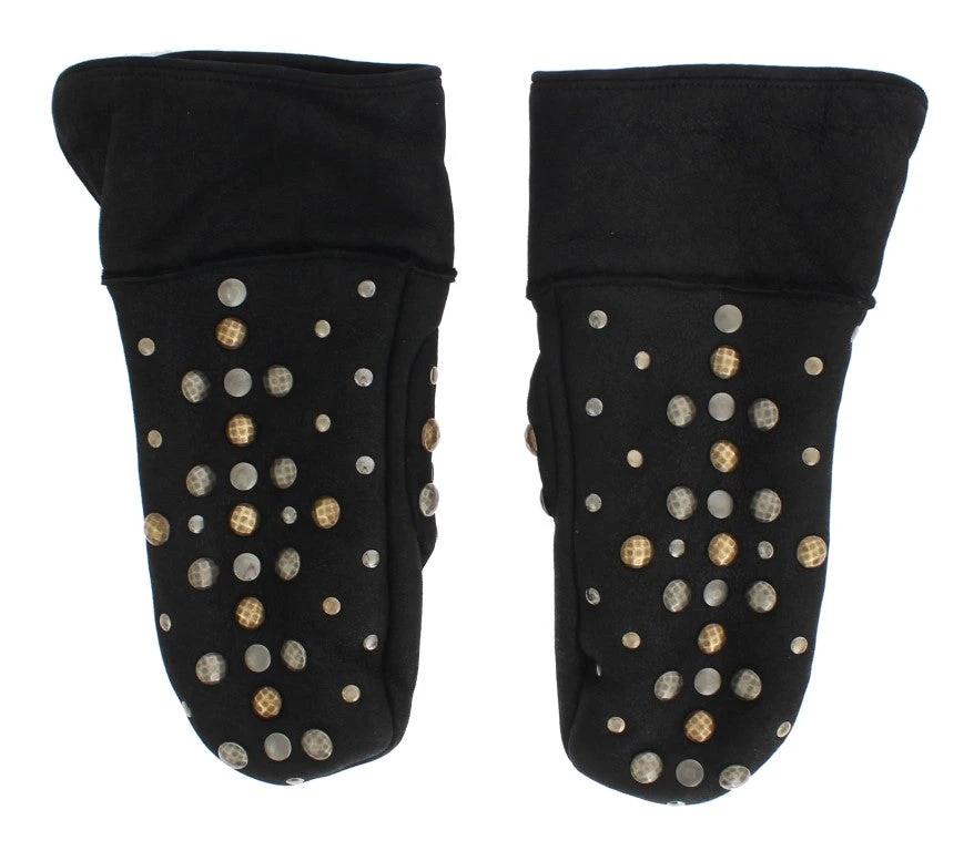 Dolce & Gabbana Gray Wool Shearling Studded Gloves by Dolce & Gabbana