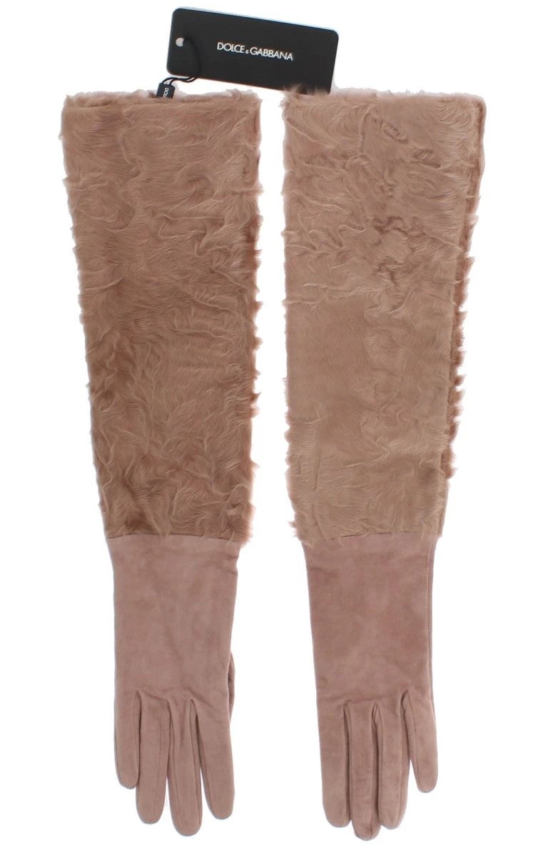 Dolce & Gabbana Beige Suede Xiangao Fur Elbow Gloves by Dolce & Gabbana