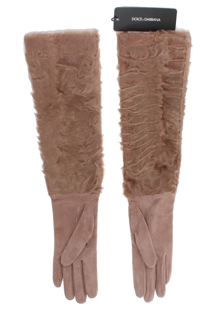Dolce & Gabbana Beige Suede Xiangao Fur Elbow Gloves by Dolce & Gabbana