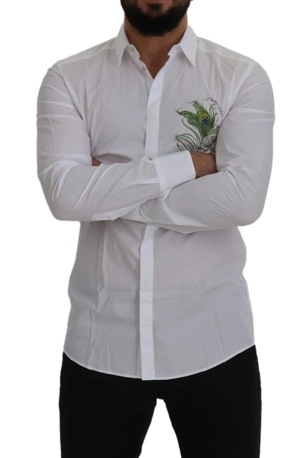 Dolce & Gabbana White Cotton Peacock Feather Formal GOLD Shirt by Dolce & Gabbana