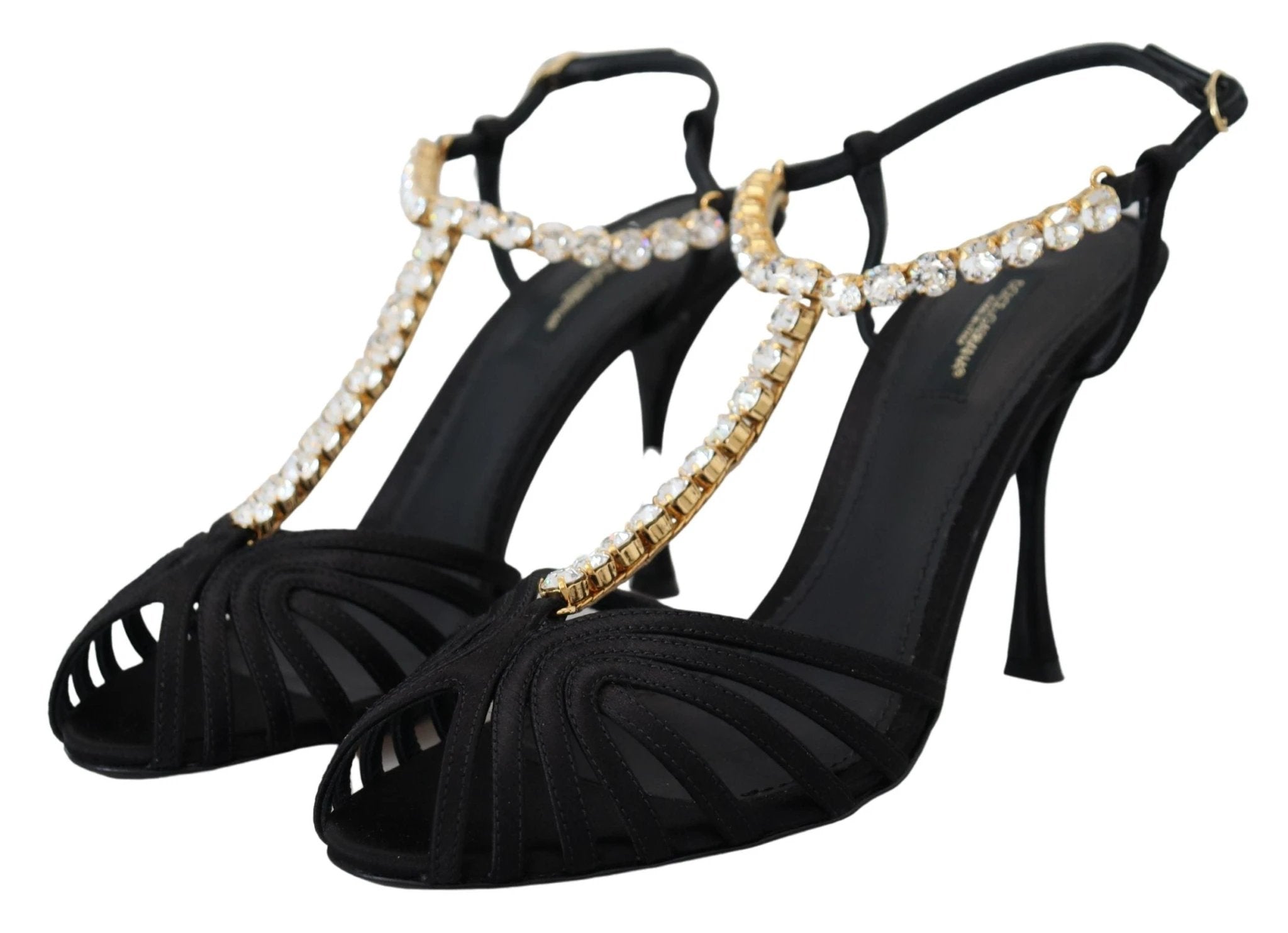Dolce & Gabbana Black Satin Clear Crystal T-strap Sandal Shoes by Dolce & Gabbana