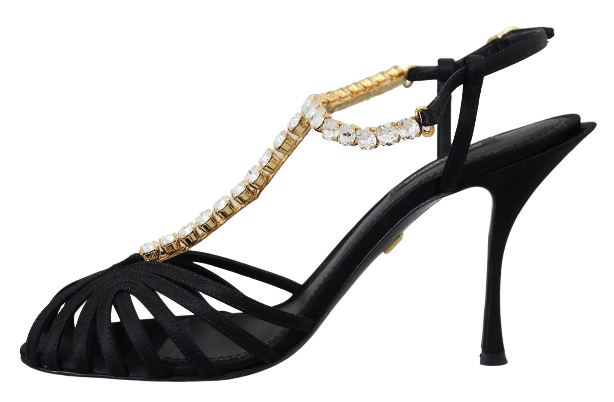 Dolce & Gabbana Black Satin Clear Crystal T-strap Sandal Shoes by Dolce & Gabbana