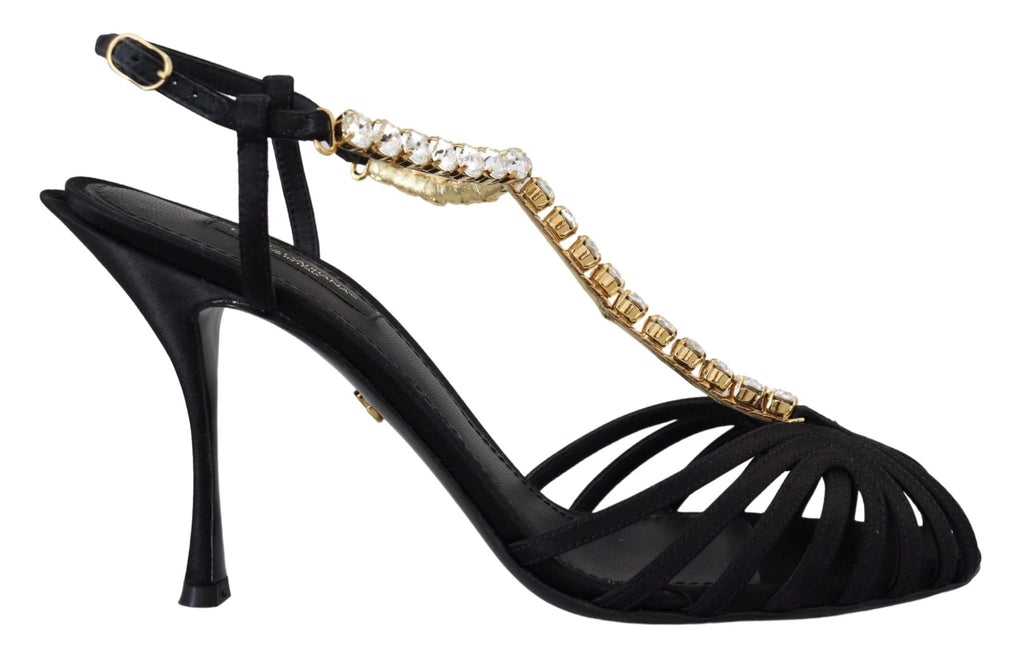 Dolce & Gabbana Black Satin Clear Crystal T-strap Sandal Shoes by Dolce & Gabbana