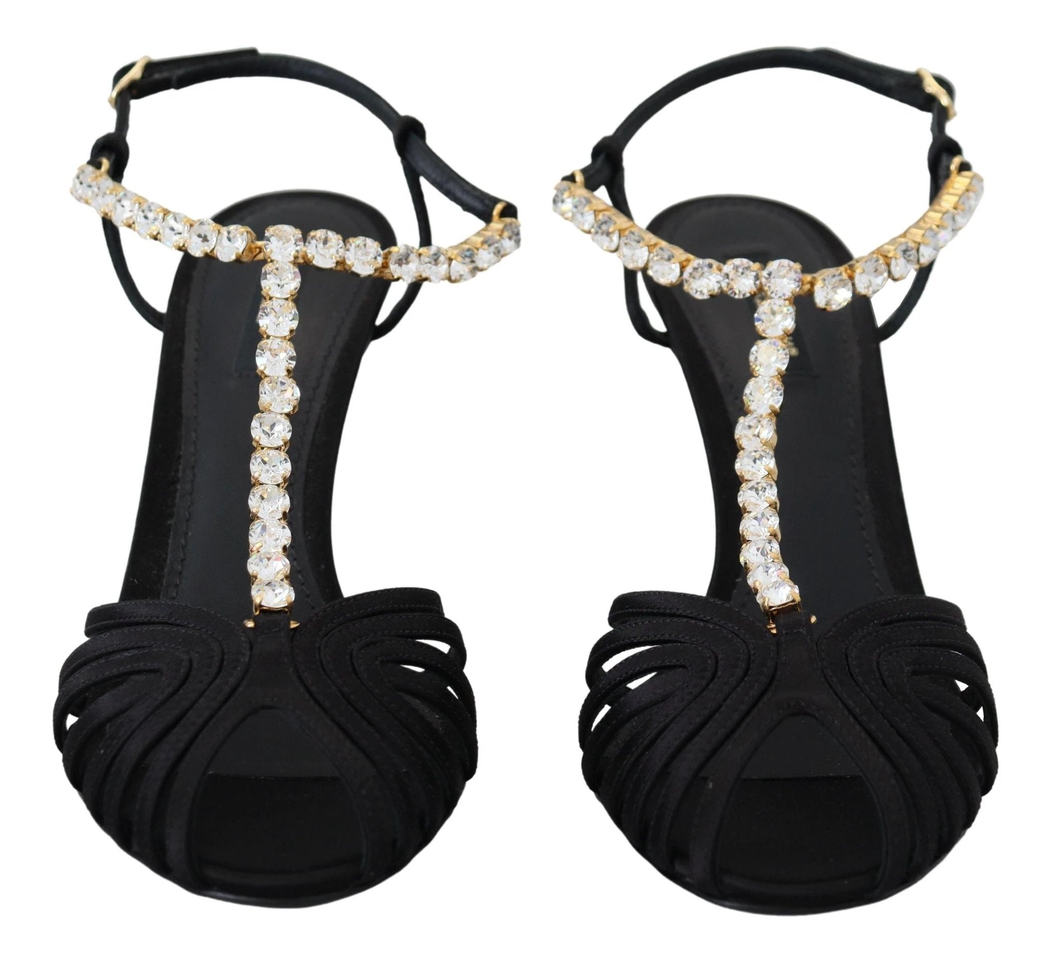 Dolce & Gabbana Black Satin Clear Crystal T-strap Sandal Shoes by Dolce & Gabbana