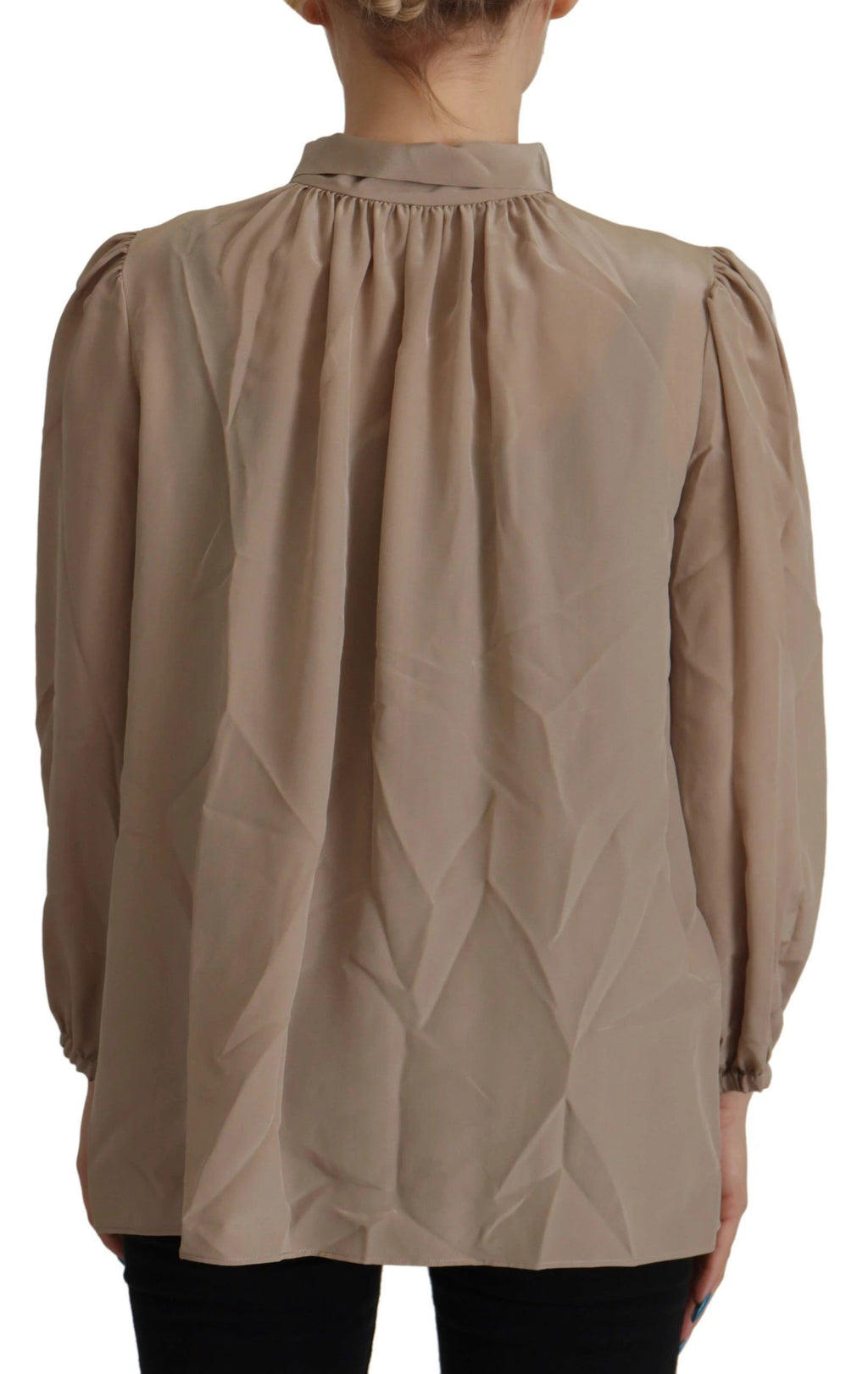 Dolce & Gabbana Brown Waistband Sleeves Ascot Collar Top Blouse by Dolce & Gabbana