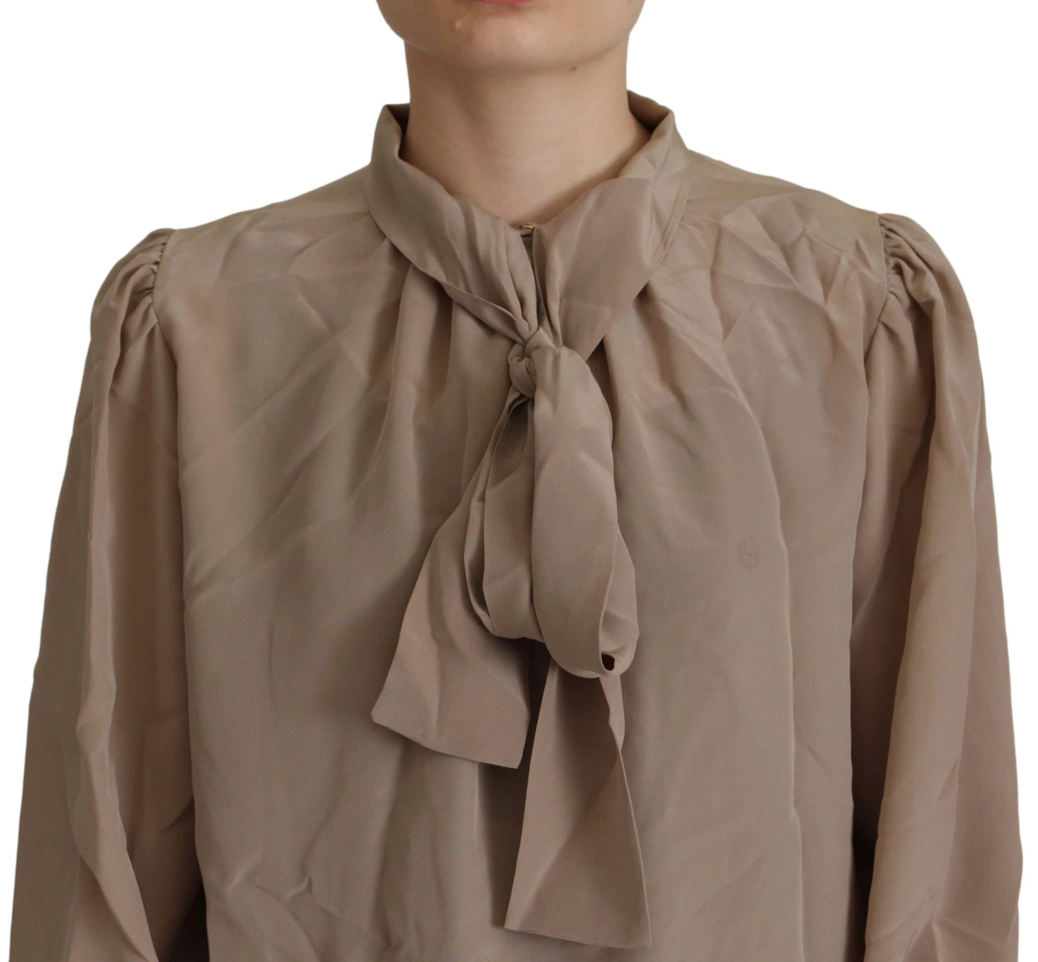 Dolce & Gabbana Brown Waistband Sleeves Ascot Collar Top Blouse by Dolce & Gabbana