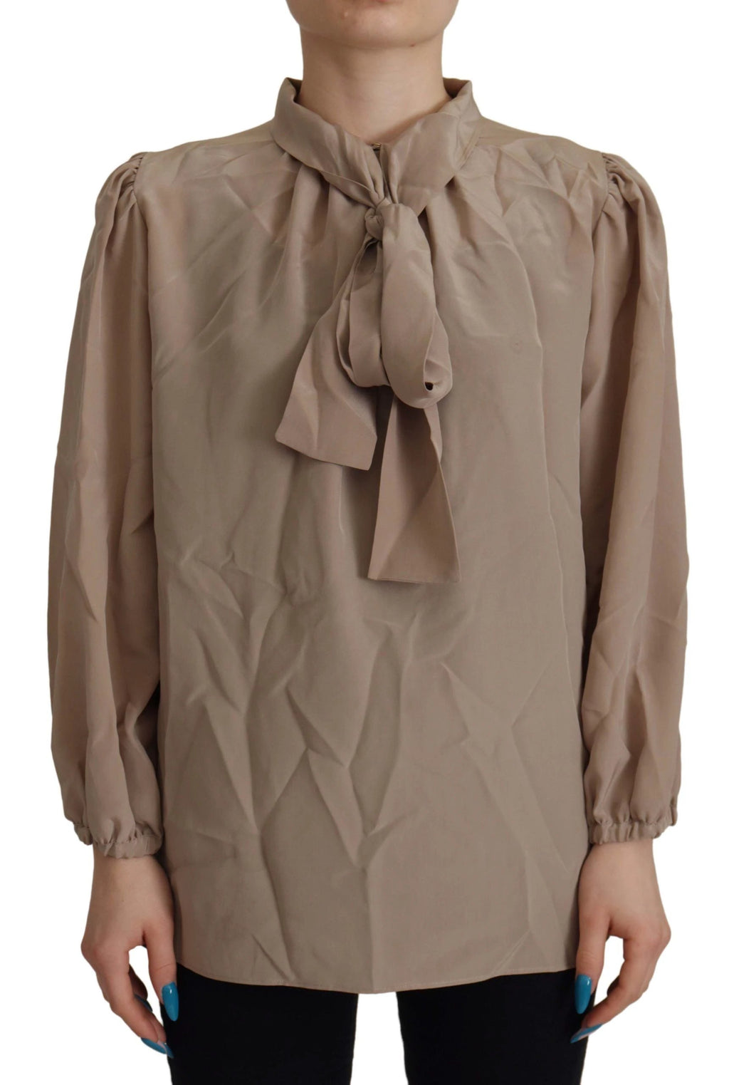 Dolce & Gabbana Brown Waistband Sleeves Ascot Collar Top Blouse by Dolce & Gabbana