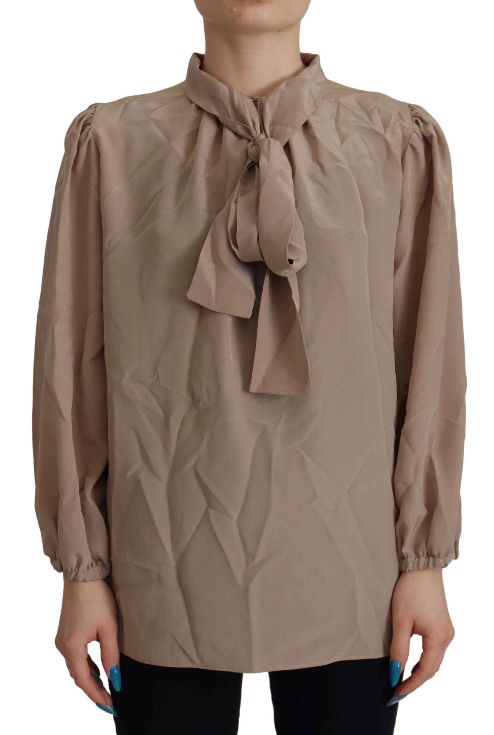 Dolce & Gabbana Brown Waistband Sleeves Ascot Collar Top Blouse by Dolce & Gabbana