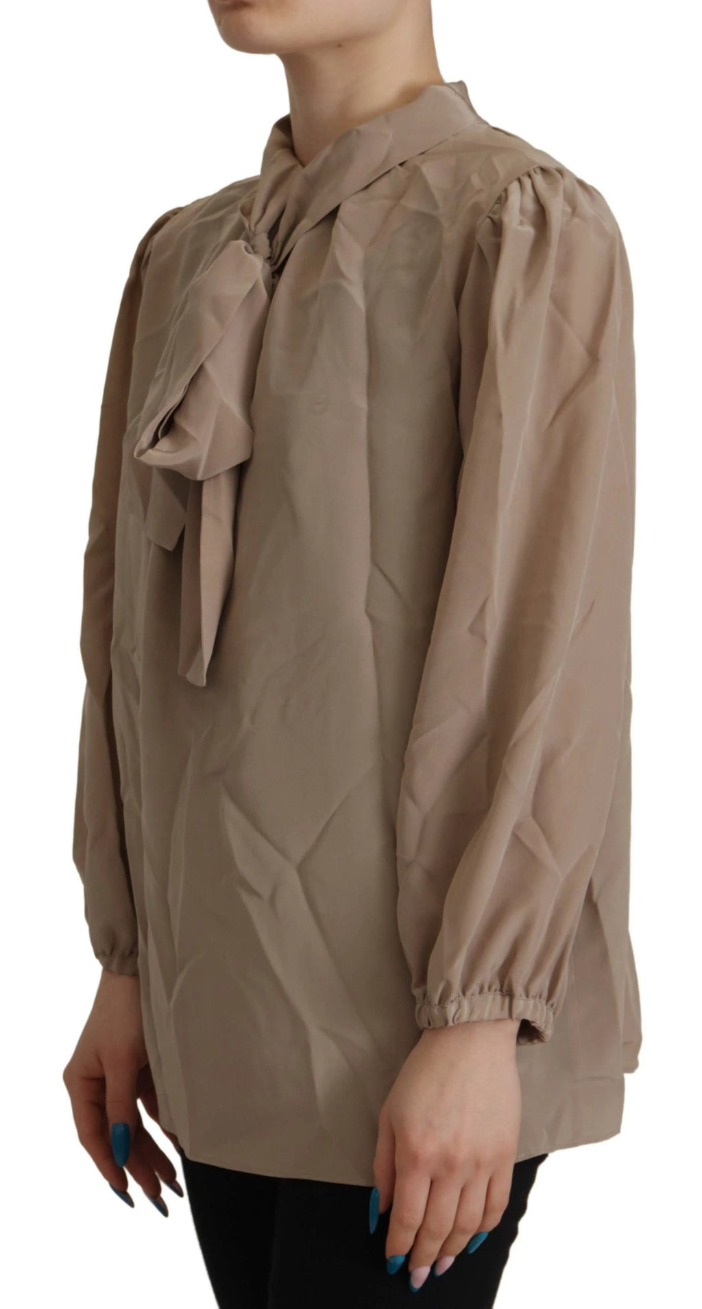 Dolce & Gabbana Brown Waistband Sleeves Ascot Collar Top Blouse by Dolce & Gabbana