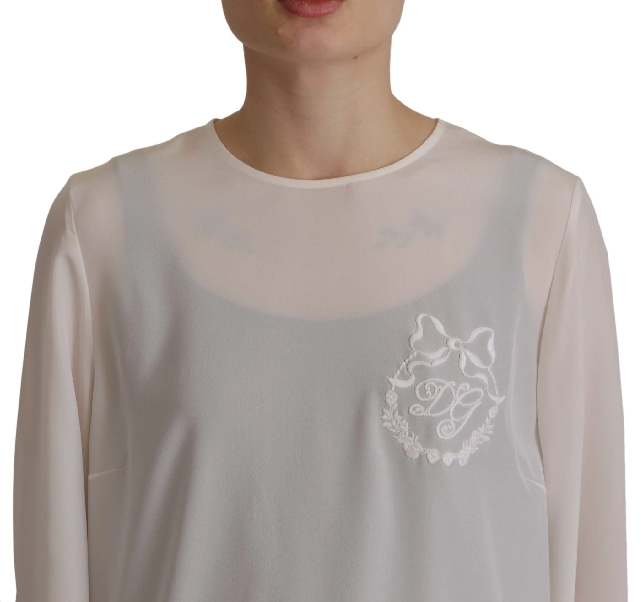 Dolce & Gabbana White Silk DG Logo Embroidered Long Sleeves Blouse by Dolce & Gabbana