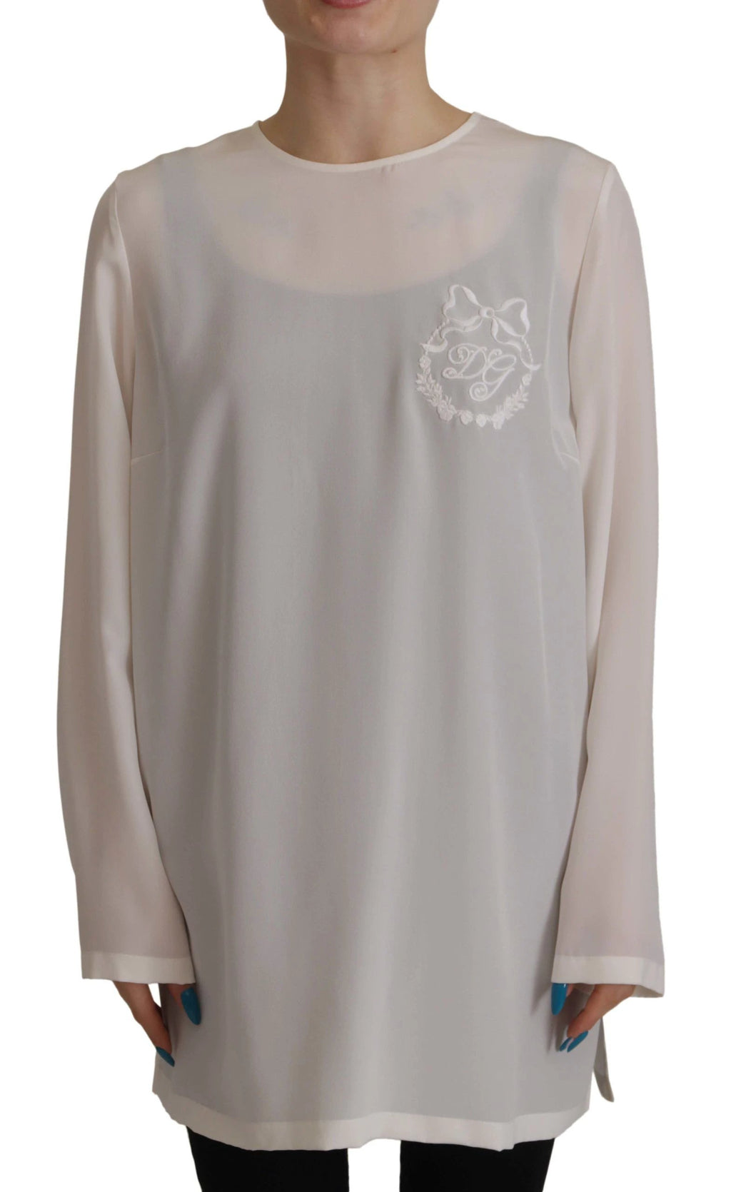 Dolce & Gabbana White Silk DG Logo Embroidered Long Sleeves Blouse by Dolce & Gabbana