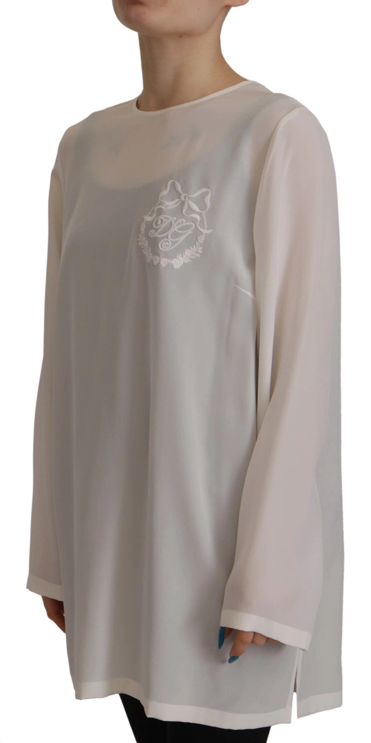Dolce & Gabbana White Silk DG Logo Embroidered Long Sleeves Blouse by Dolce & Gabbana