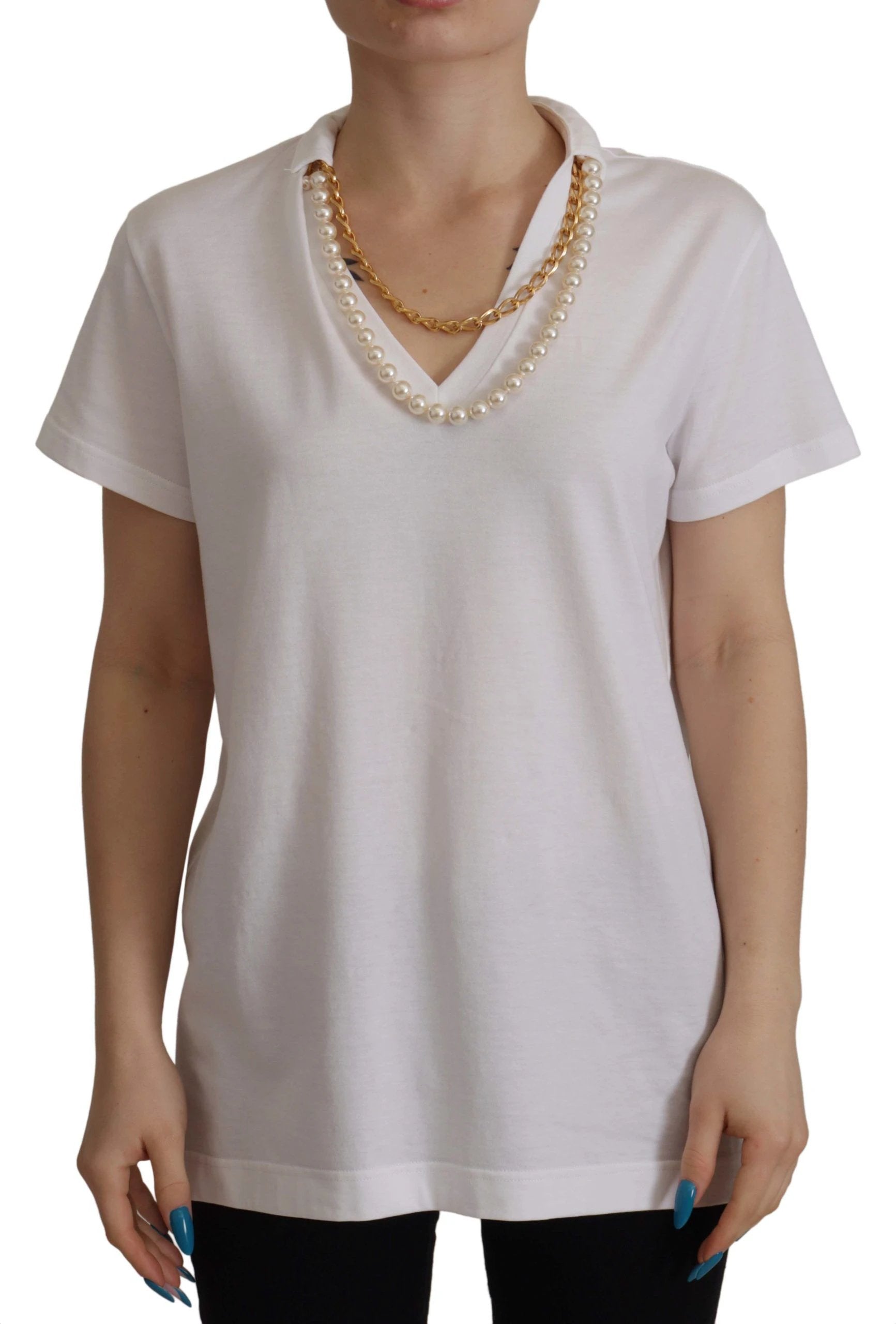 Dolce & Gabbana White Necklace Embellished Neckline T-shirt Top by Dolce & Gabbana