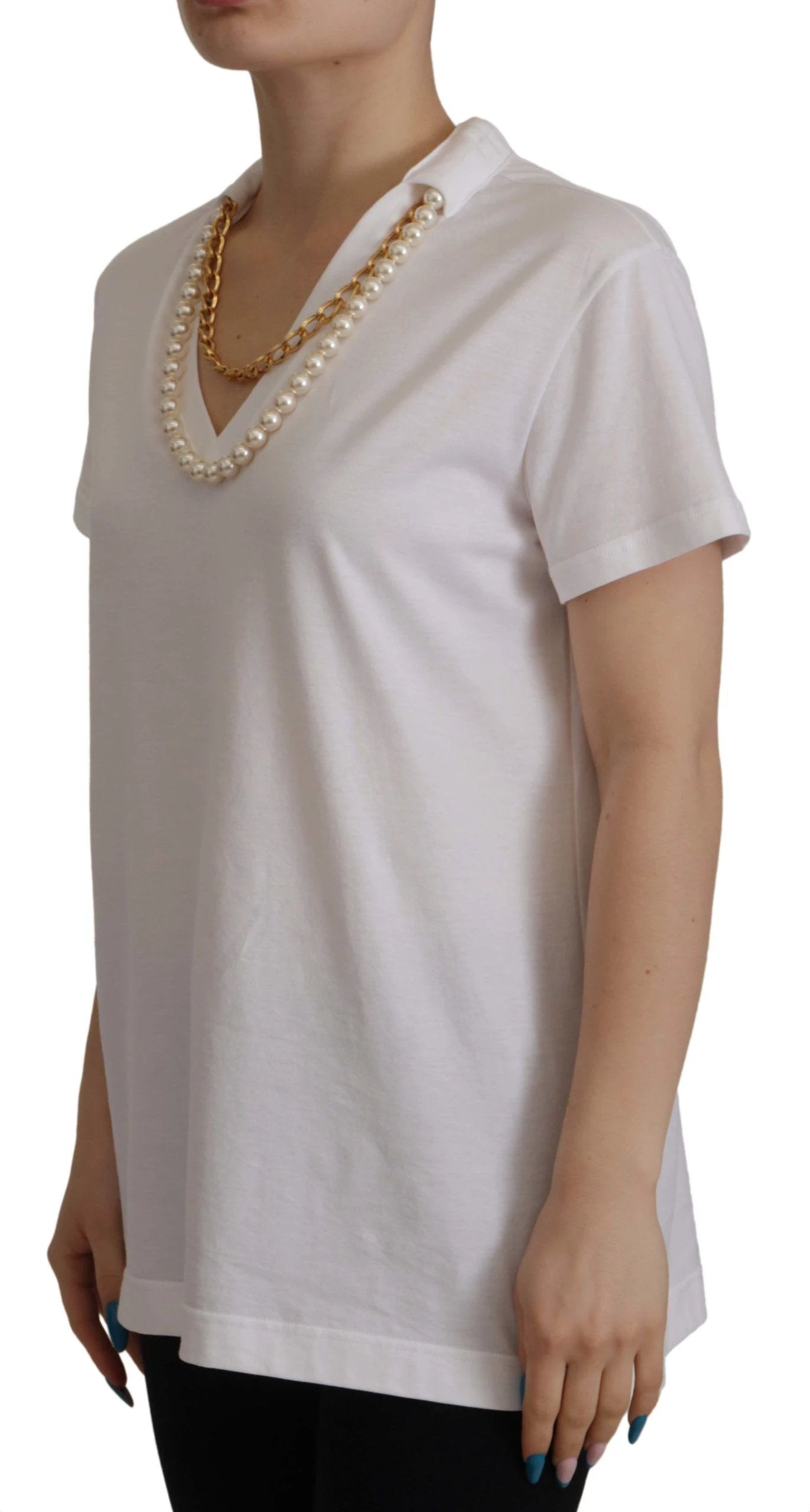 Dolce & Gabbana White Necklace Embellished Neckline T-shirt Top by Dolce & Gabbana