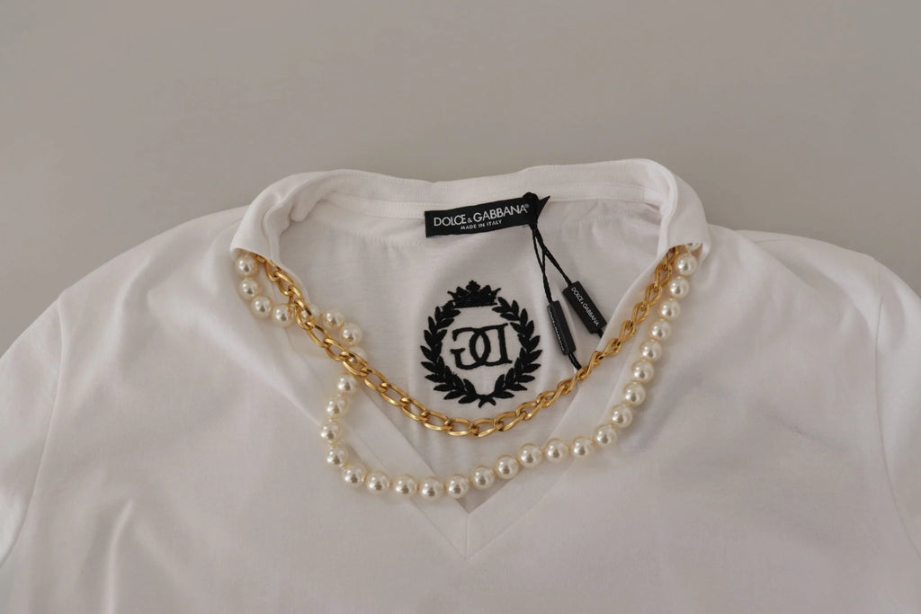 Dolce & Gabbana White Necklace Embellished Neckline T-shirt Top by Dolce & Gabbana