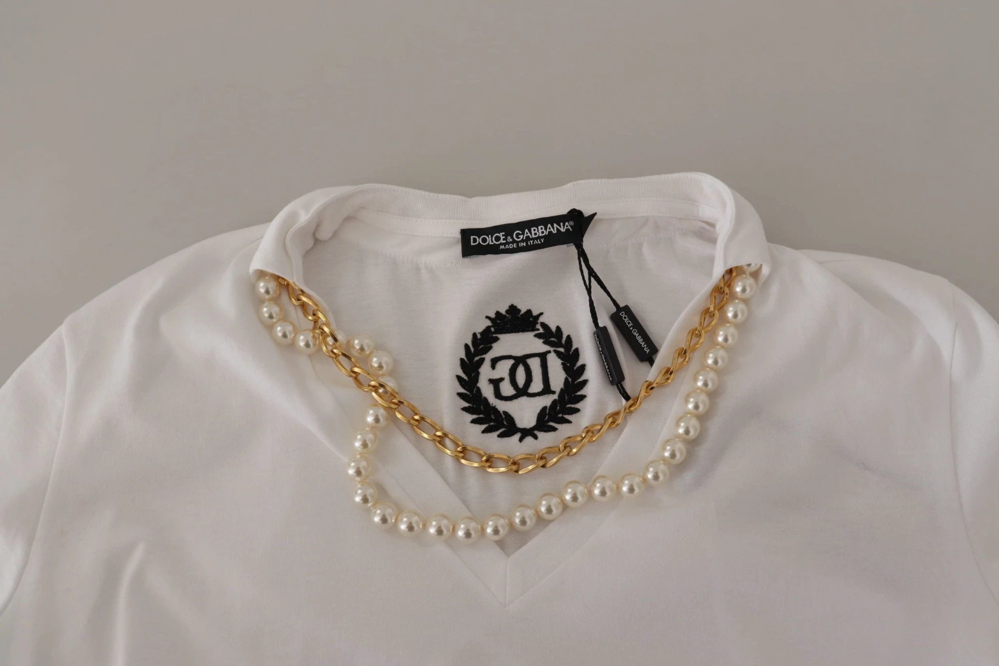 Dolce & Gabbana White Necklace Embellished Neckline T-shirt Top by Dolce & Gabbana