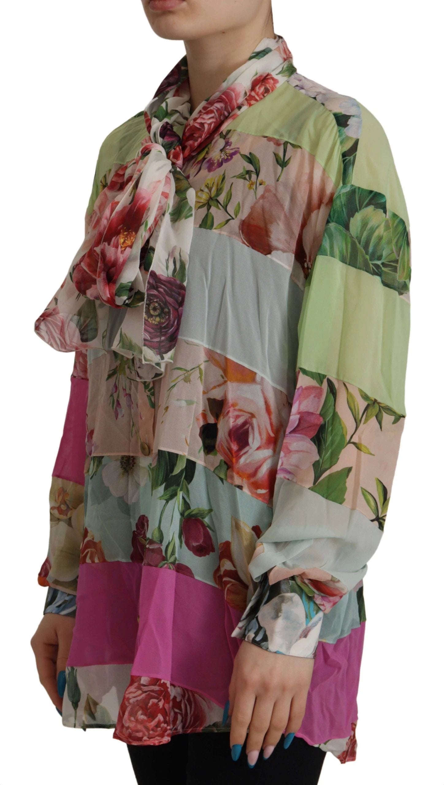 Dolce & Gabbana Multicolor Floral Patchwork Design Ascot Collar Top Blouse by Dolce & Gabbana
