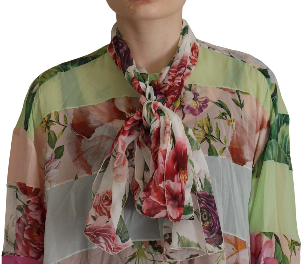Dolce & Gabbana Multicolor Floral Patchwork Design Ascot Collar Top Blouse by Dolce & Gabbana