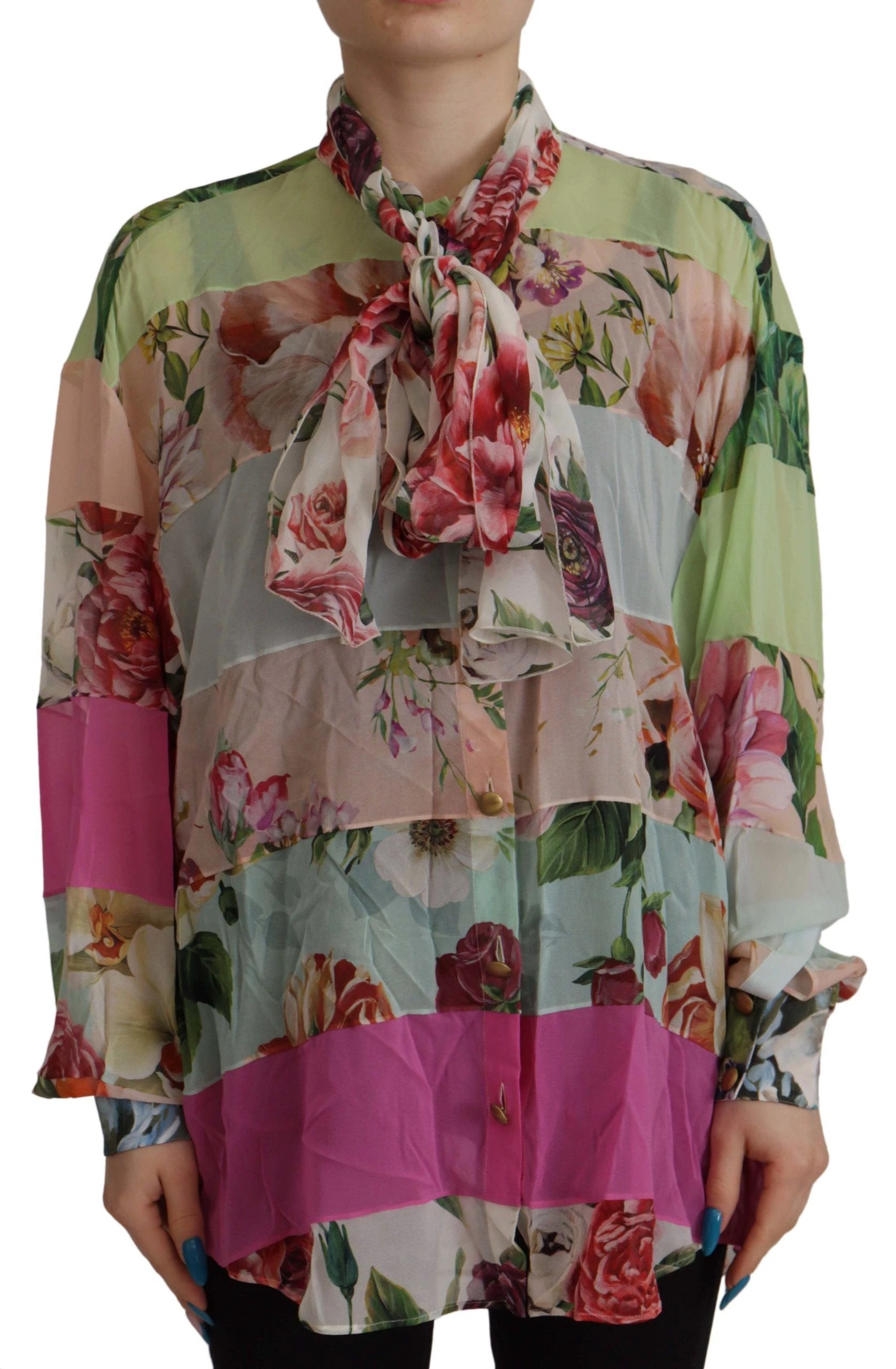 Dolce & Gabbana Multicolor Floral Patchwork Design Ascot Collar Top Blouse by Dolce & Gabbana