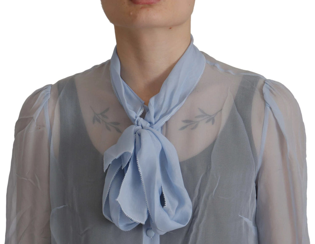 Dolce & Gabbana Light Blue Silk Ascot Collar Long Sleeves Top by Dolce & Gabbana