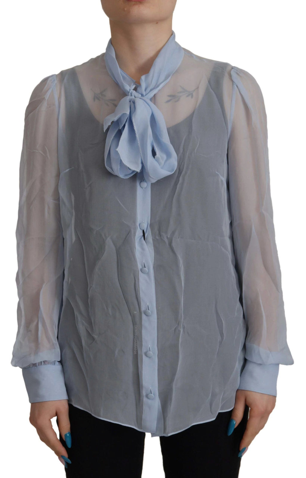 Dolce & Gabbana Light Blue Silk Ascot Collar Long Sleeves Top by Dolce & Gabbana
