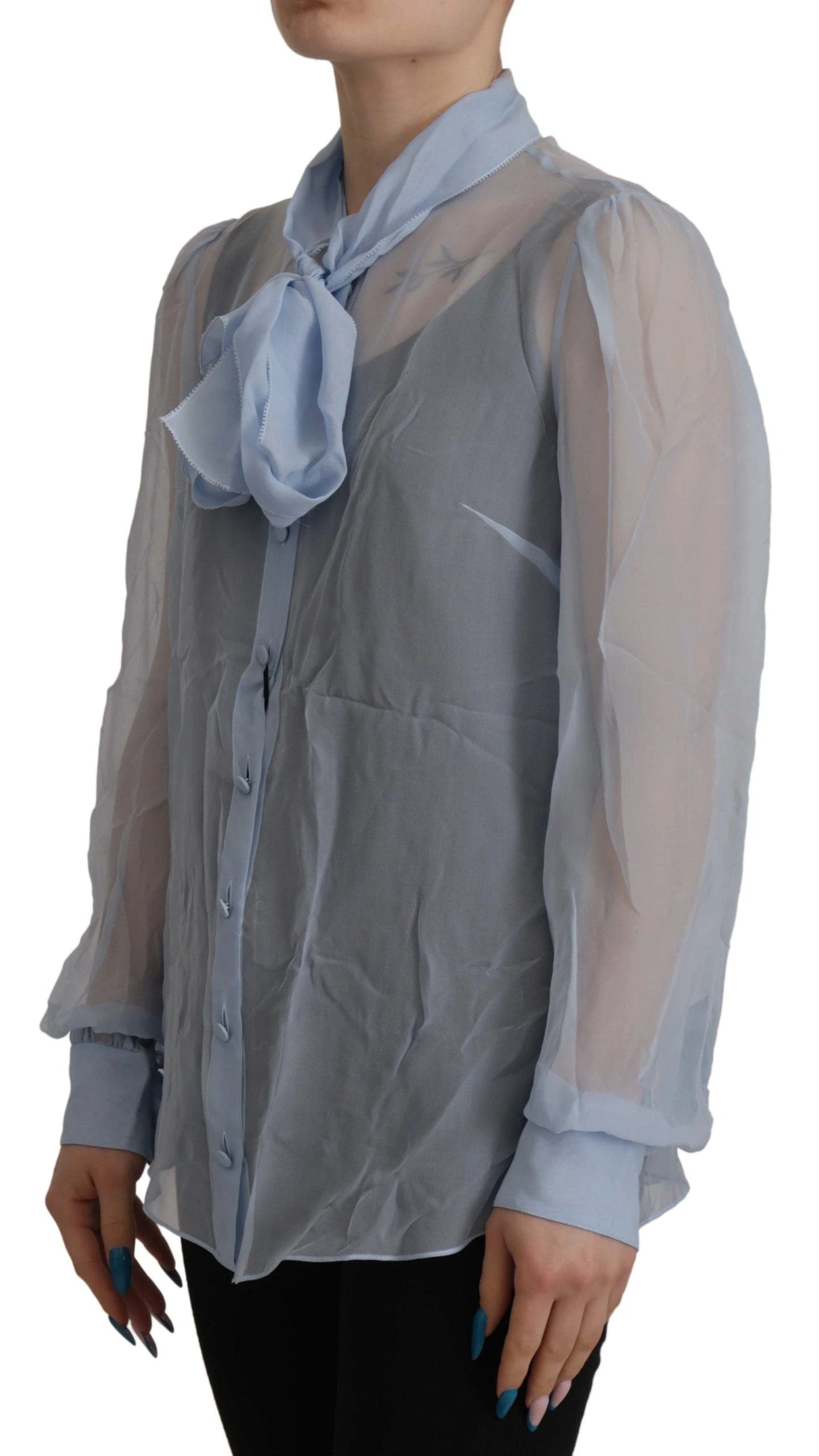 Dolce & Gabbana Light Blue Silk Ascot Collar Long Sleeves Top by Dolce & Gabbana