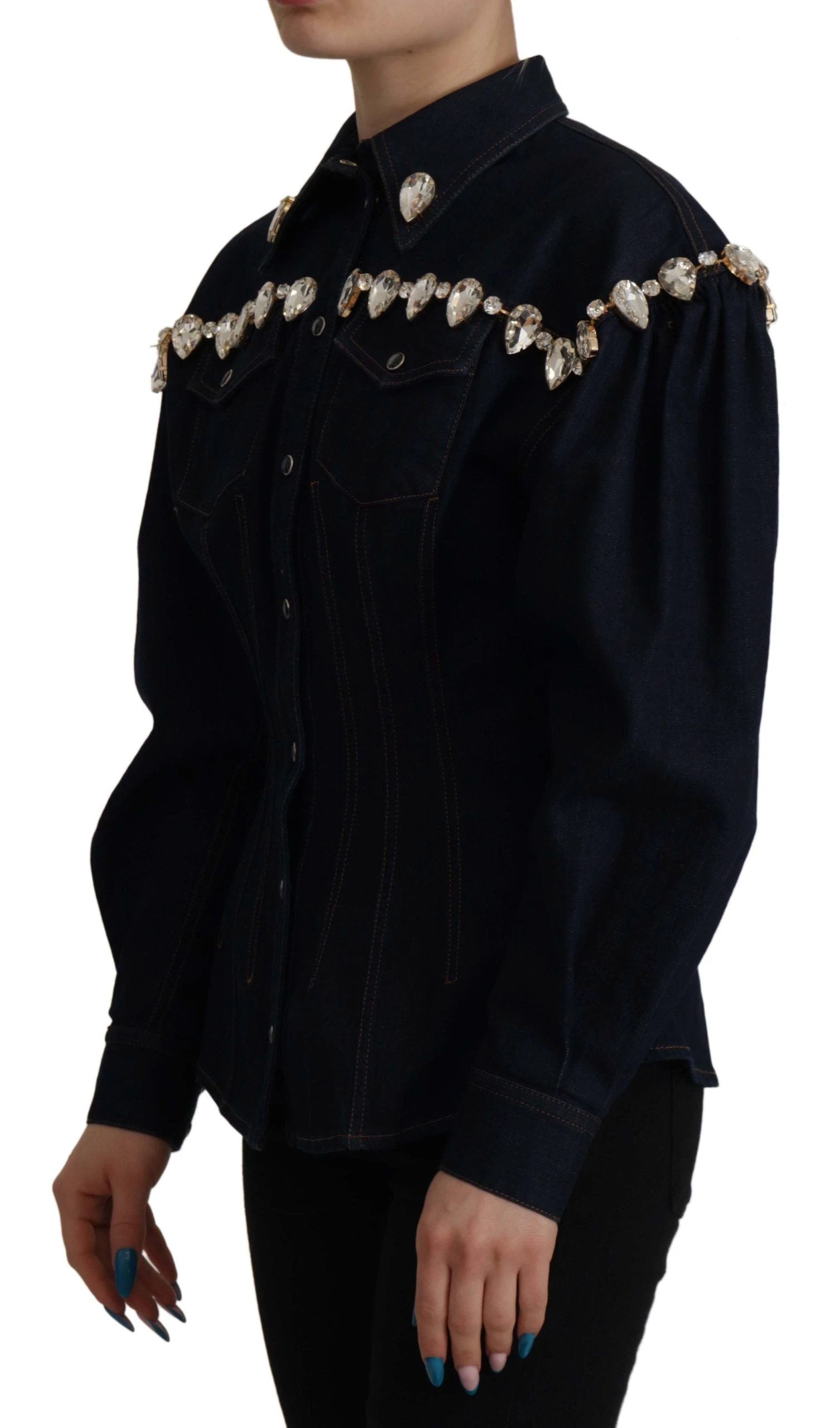 Dolce & Gabbana Blue Denim Crystal Embellish Cotton Jacket by Dolce & Gabbana