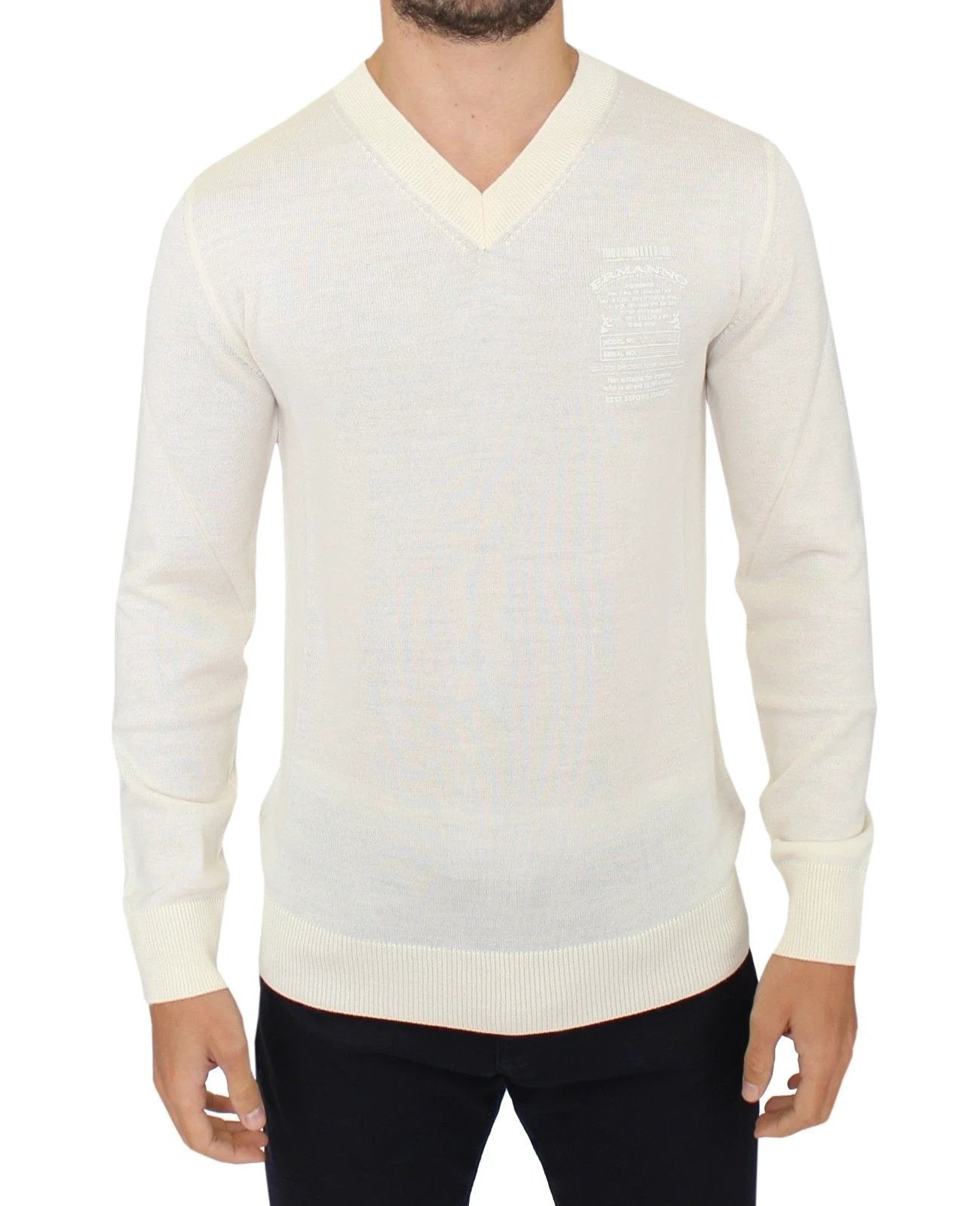 Ermanno Scervino Off White Wool Blend V-neck Pullover Sweater by Ermanno Scervino