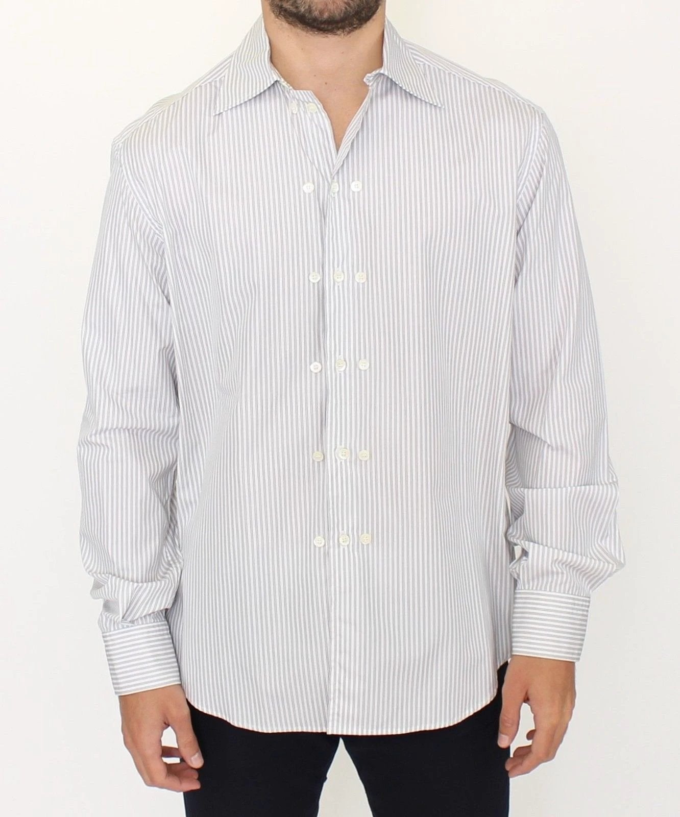 Ermanno Scervino White Gray Striped Regular Fit Casual Shirt by Ermanno Scervino