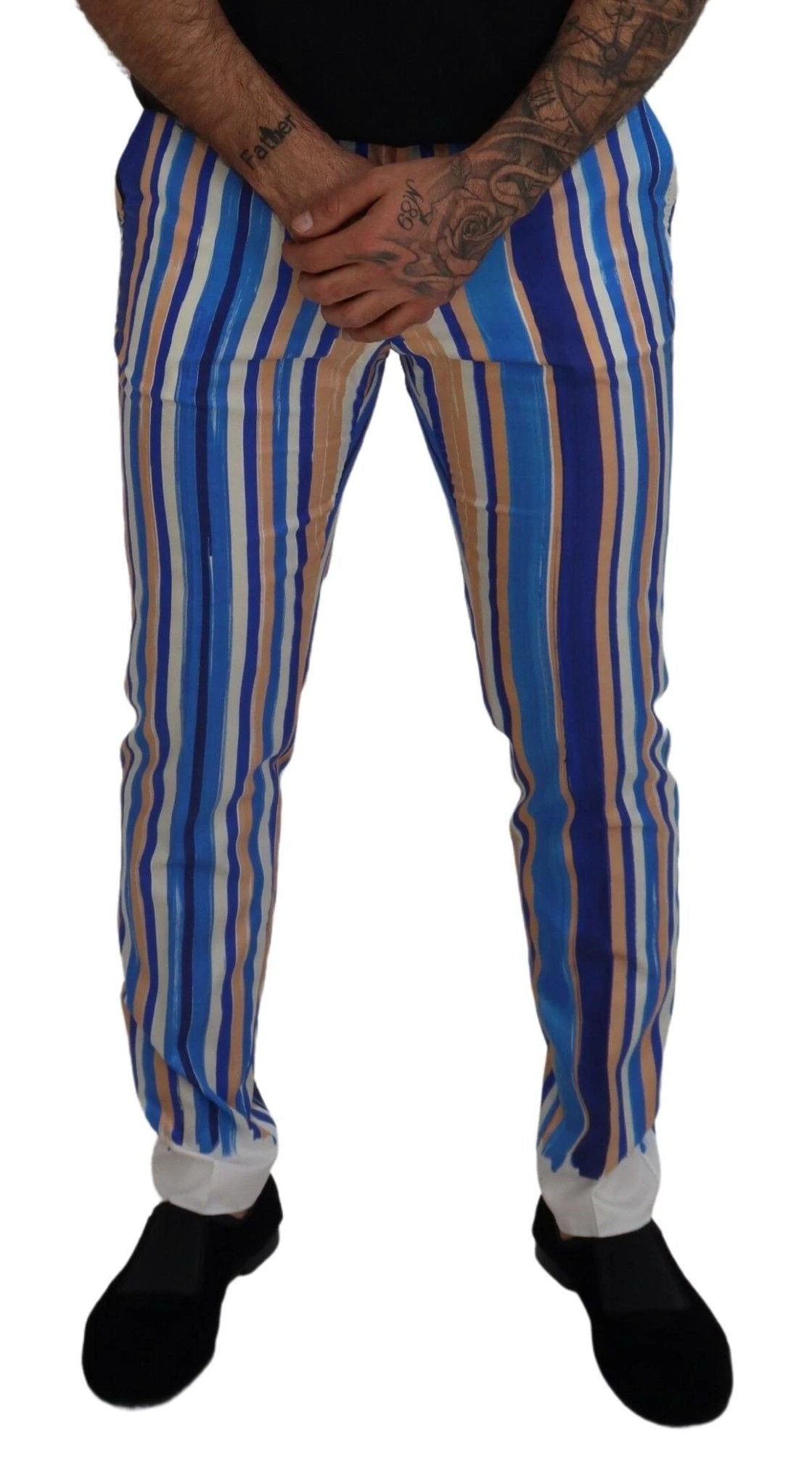 Dolce & Gabbana Blue Striped Silk Cotton Slim Trousers Pants by Dolce & Gabbana